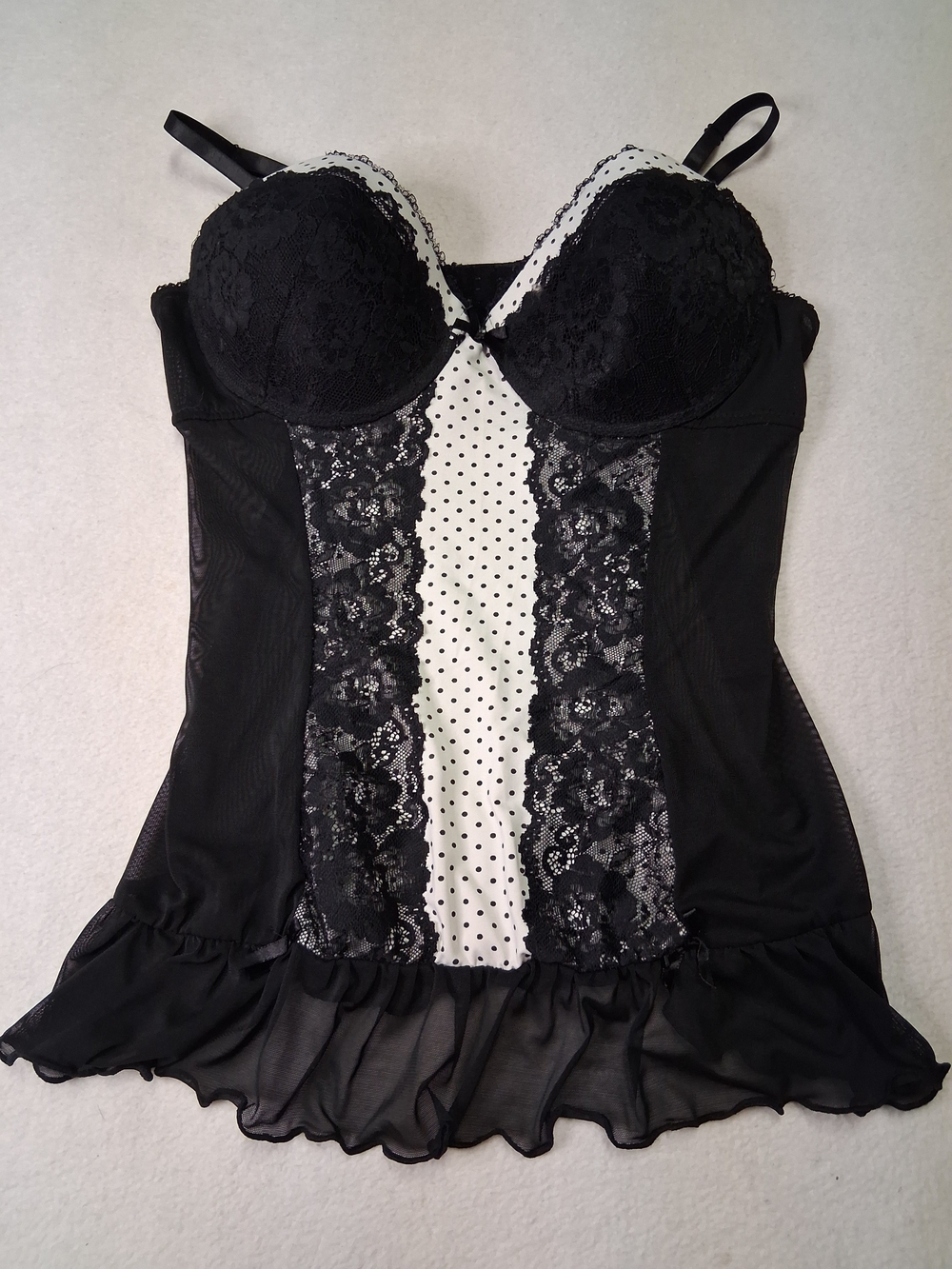 Ashley Graham Black and White Lace Polka Dot Bustier Chemise